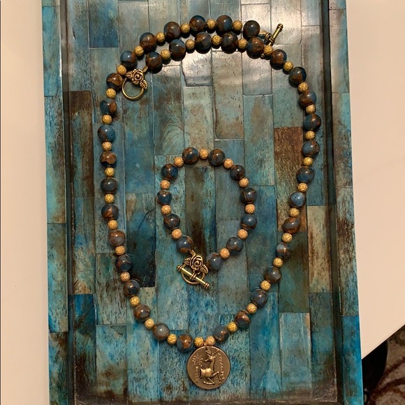 💐Blue and Gold Beaded Necklace & Bracelet 💐 - Picture 1 of 5